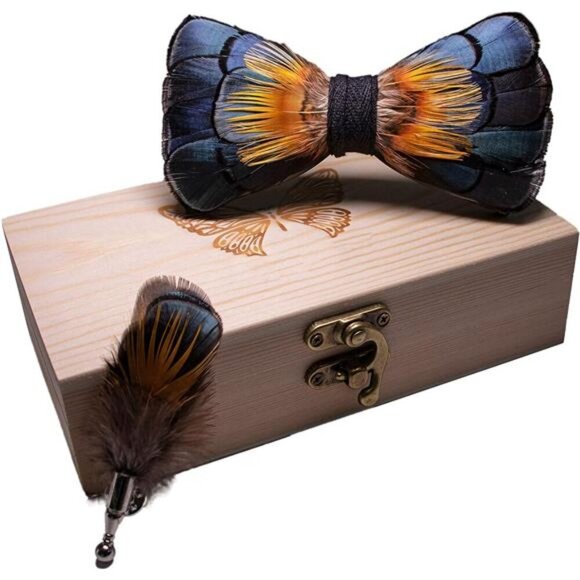 Handmade Feather Pre-tied Bow tie Peacock Orange - Picture 1 of 5